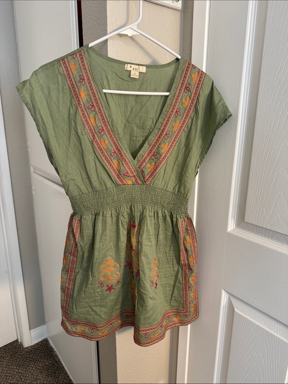 Green Embroidered V-Neck Tunic Top